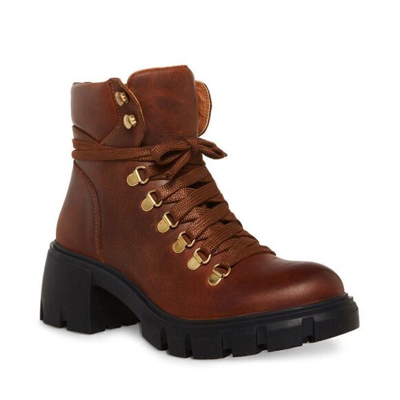 NEW IN BOX STEVE MADDEN GENUINE LEATHER HINT LACE UP HIKER BOOTS COGNAC COLOR - Picture 3 of 11